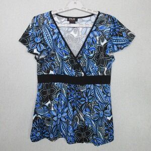 FYLO Short Sleeve Top Shirt V Neck Blue Black Floral Print Womens Large
